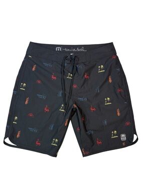 TravisMathew Black Swim Board Shorts with Red, Yellow & Blue Icons